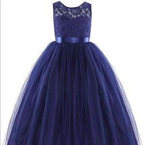Girls navy blue lace and tulle long dress